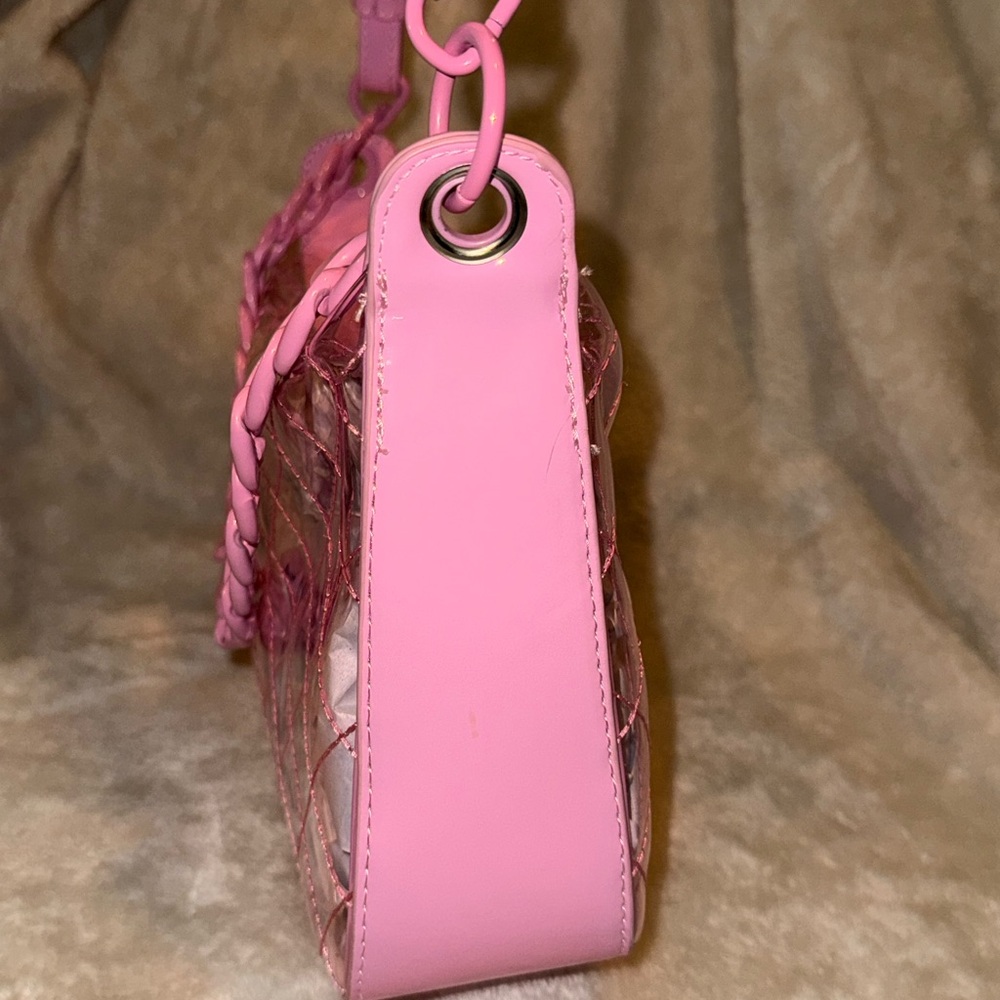 Steve Madden Clear Bubble Gum Pink Quilted Shoulder Crossbody Bag Matching Chain - Picture 15 of 16